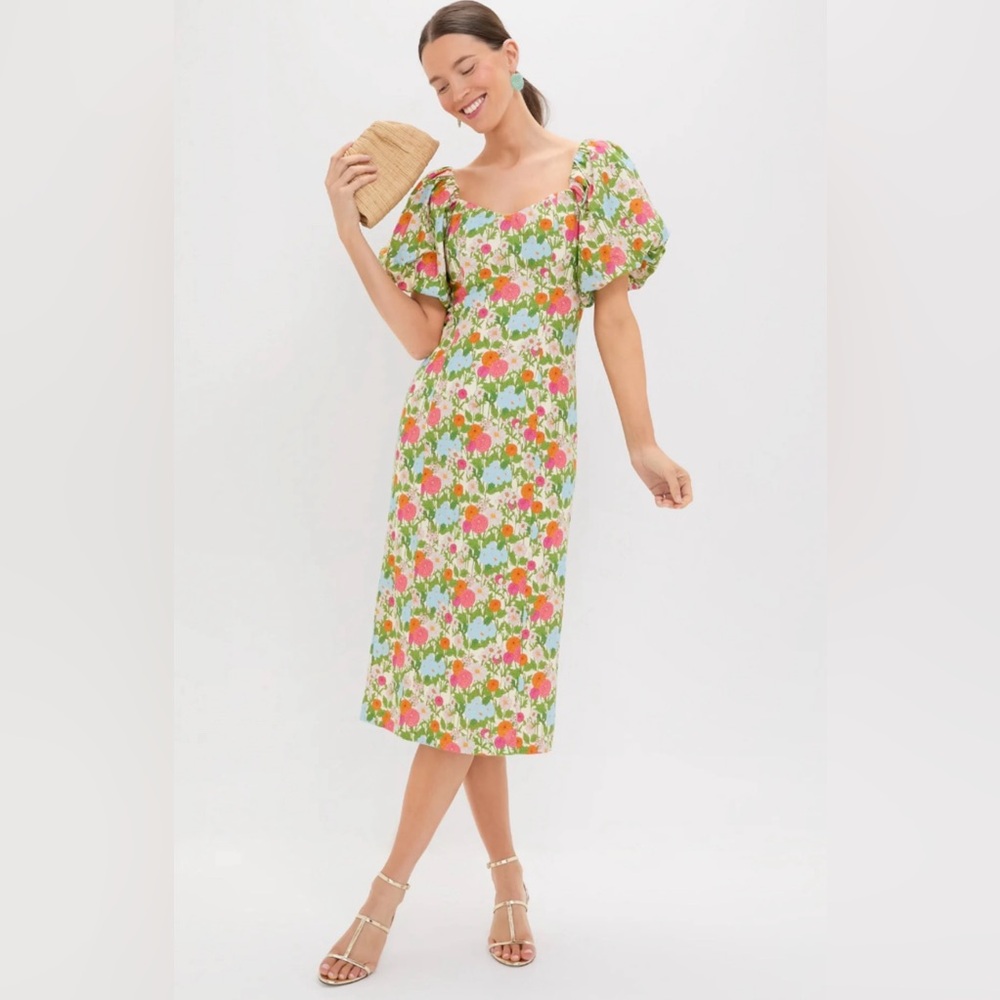 NWT Tuckernuck Floral Puff-Sleeve Midi Dress in White, Pink, Green